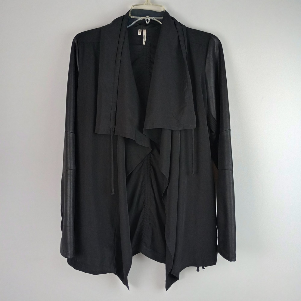 Studio Y Women M Black Faux Leather Sleeve Open Front Drape Ruched Back Cardigan